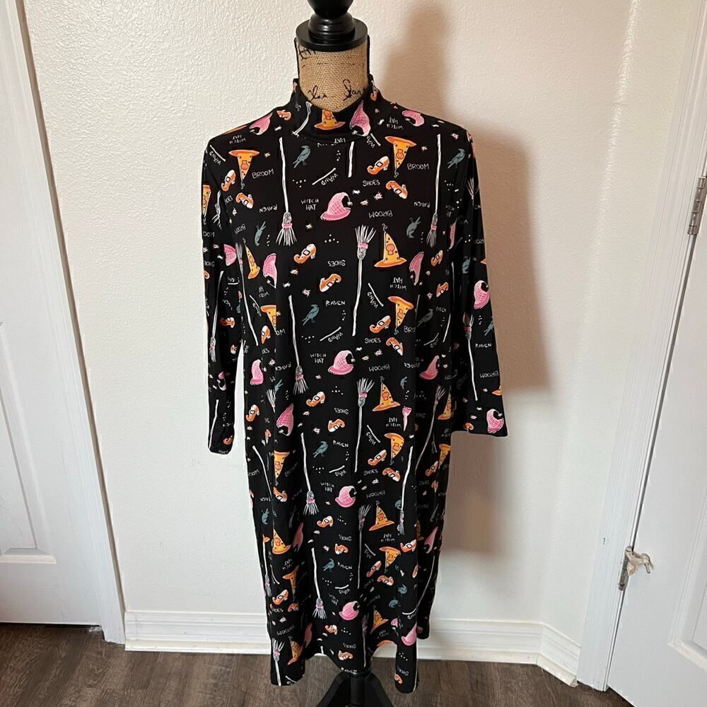 Celebrate Together Print Brushed 3/4‎ Sleeve Mock Neck Swing Dress-Size Large